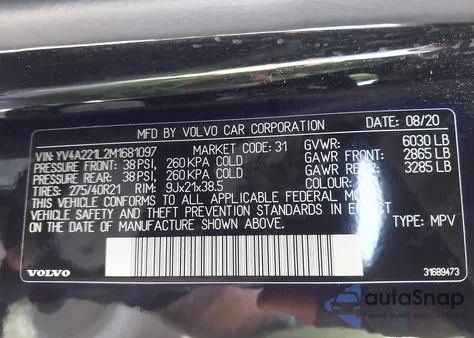 2021 Volvo Xc90 T6 Inscription 6 Passenger from USA, damaged, VIN YV4A221L2M1681097